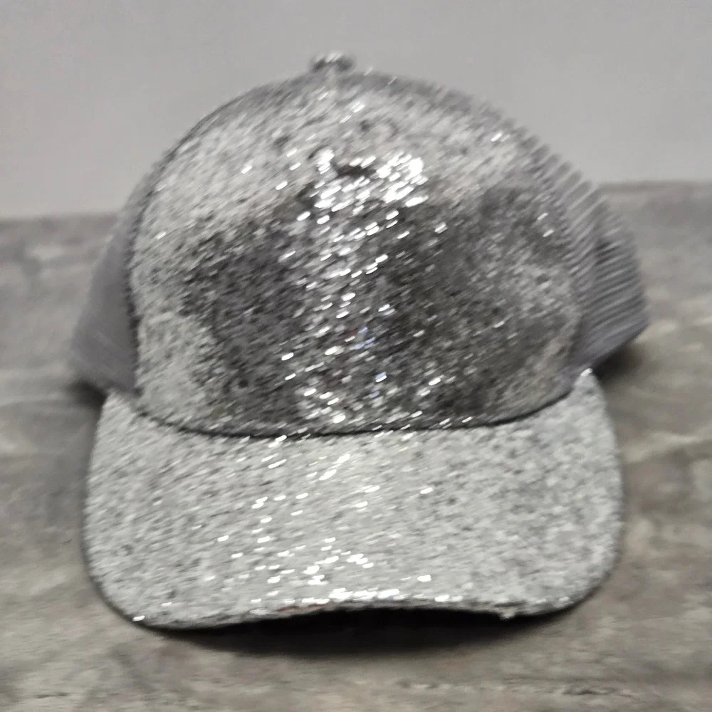 CC Exclusives Silver Sequin Trucker Hat Light Grey Mesh Snapback Cap TCB-07 New